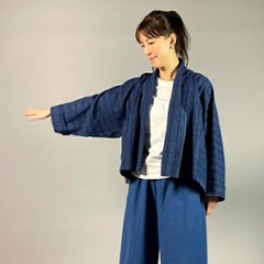 【遠州木綿】藍染め　羽織ショートジャケット　刺し子風縞柄　紺画像
