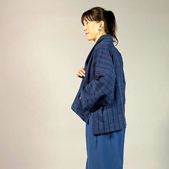 【遠州木綿】藍染め　羽織ショートジャケット　刺し子風縞柄　紺画像