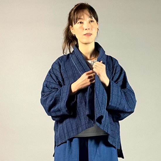 【遠州木綿】藍染め　羽織ショートジャケット　刺し子風縞柄　紺画像