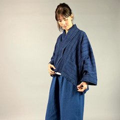 【遠州木綿】藍染め　羽織ショートジャケット　刺し子風縞柄　紺画像