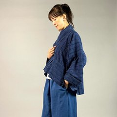 【遠州木綿】藍染め　羽織ショートジャケット　刺し子風縞柄　紺画像