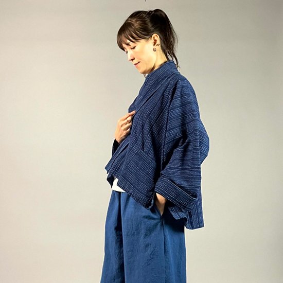 【遠州木綿】藍染め　羽織ショートジャケット　刺し子風縞柄　紺画像