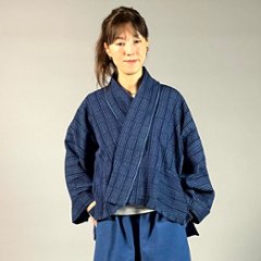 【遠州木綿】藍染め　羽織ショートジャケット　刺し子風縞柄　紺画像
