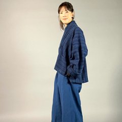 【遠州木綿】藍染め　羽織ショートジャケット　刺し子風縞柄　紺画像