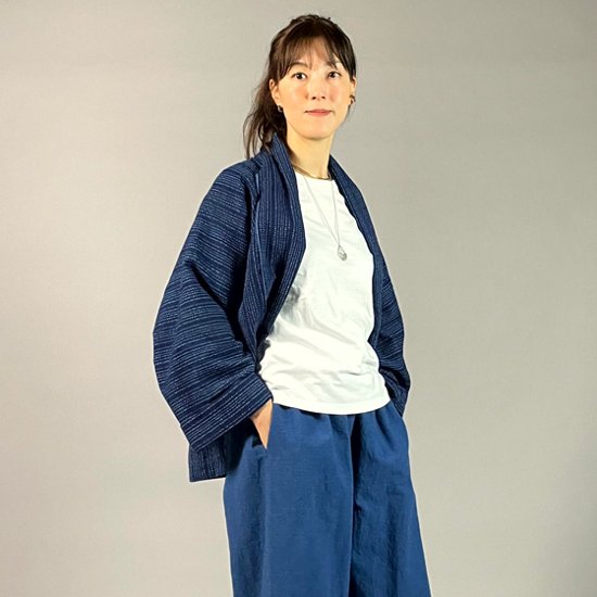 【遠州木綿】藍染め　羽織ショートジャケット　刺し子風縞柄　紺画像
