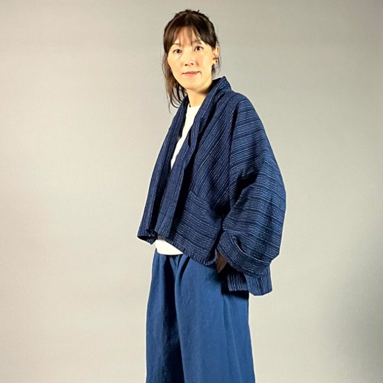 【遠州木綿】藍染め　羽織ショートジャケット　刺し子風縞柄　紺画像