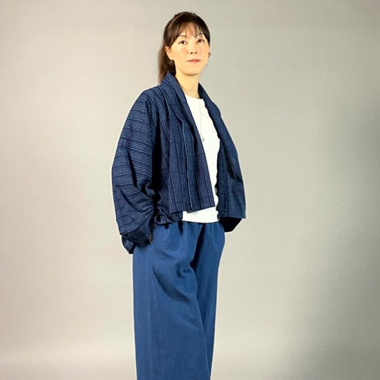 【遠州木綿】藍染め　羽織ショートジャケット　刺し子風縞柄　紺画像