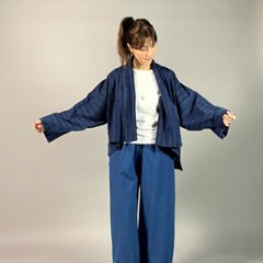 【遠州木綿】藍染め　羽織ショートジャケット　刺し子風縞柄　紺画像