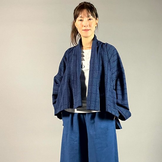 【遠州木綿】藍染め　羽織ショートジャケット　刺し子風縞柄　紺画像