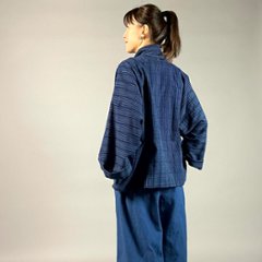 【遠州木綿】藍染め　羽織ショートジャケット　刺し子風縞柄　紺画像