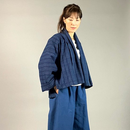 【遠州木綿】藍染め　羽織ショートジャケット　刺し子風縞柄　紺画像