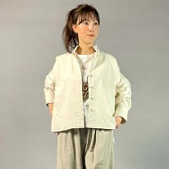 【亀田縞】ロングカフスショートブラウス　ワッシャー　オフホワイト画像