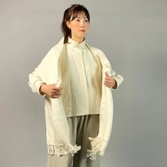 【亀田縞】ロングカフスショートブラウス　ワッシャー　オフホワイト画像