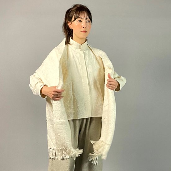 【亀田縞】ロングカフスショートブラウス　ワッシャー　オフホワイト画像