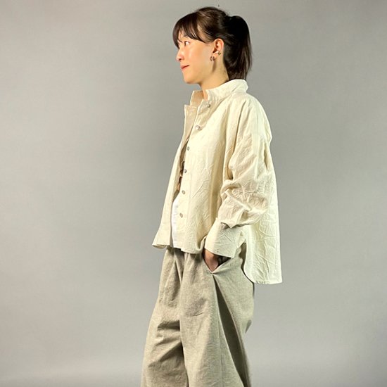 【亀田縞】ロングカフスショートブラウス　ワッシャー　オフホワイト画像