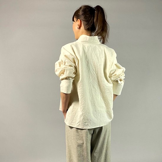 【亀田縞】ロングカフスショートブラウス　ワッシャー　オフホワイト画像