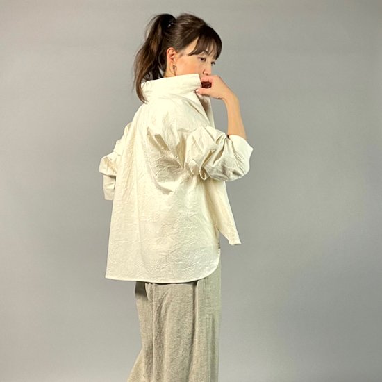 【亀田縞】ロングカフスショートブラウス　ワッシャー　オフホワイト画像