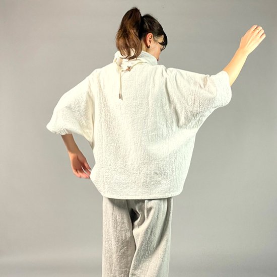 【備後絣】オフタートルプルオーバー　七分袖　白スラブ画像