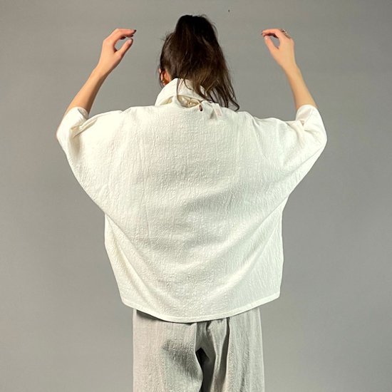 【備後絣】オフタートルプルオーバー　七分袖　白スラブ画像