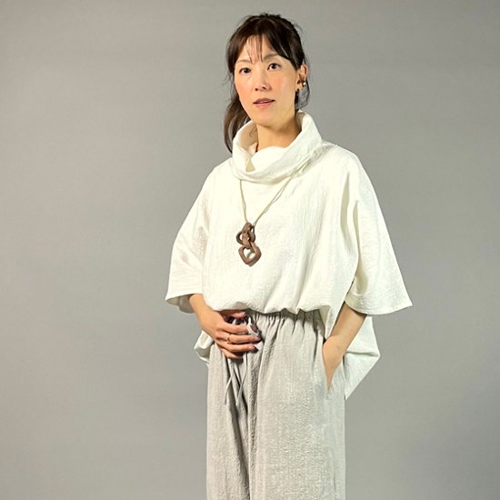 【備後絣】オフタートルプルオーバー　七分袖　白スラブ画像