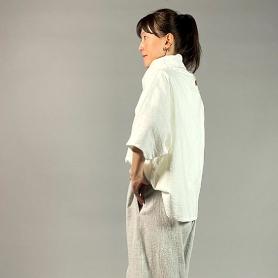 【備後絣】オフタートルプルオーバー　七分袖　白スラブ画像