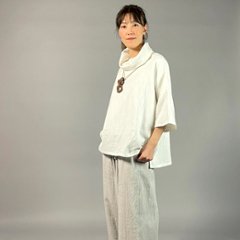 【備後絣】オフタートルプルオーバー　七分袖　白スラブ画像