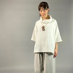 【備後絣】オフタートルプルオーバー　七分袖　白スラブ画像