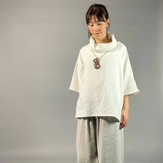 【備後絣】オフタートルプルオーバー　七分袖　白スラブ画像