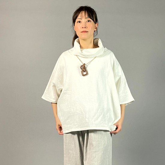 【備後絣】オフタートルプルオーバー　七分袖　白スラブ画像