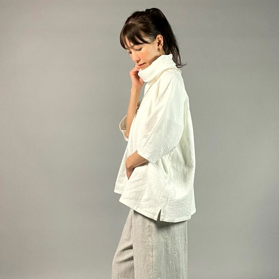 【備後絣】オフタートルプルオーバー　七分袖　白スラブ画像