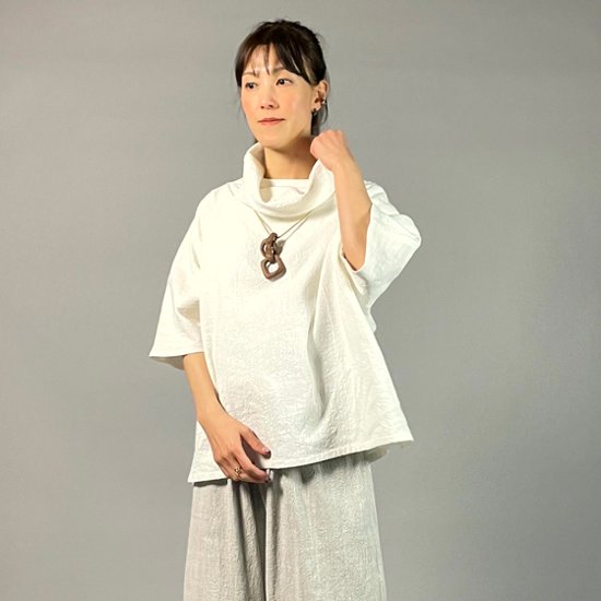 【備後絣】オフタートルプルオーバー　七分袖　白スラブ画像