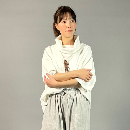 【備後絣】オフタートルプルオーバー　七分袖　白スラブ画像