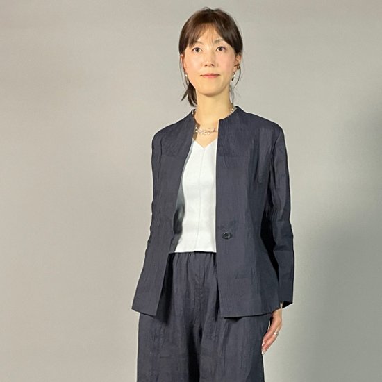 【近江ちぢみ】ノーカラージャケット　なす紺画像