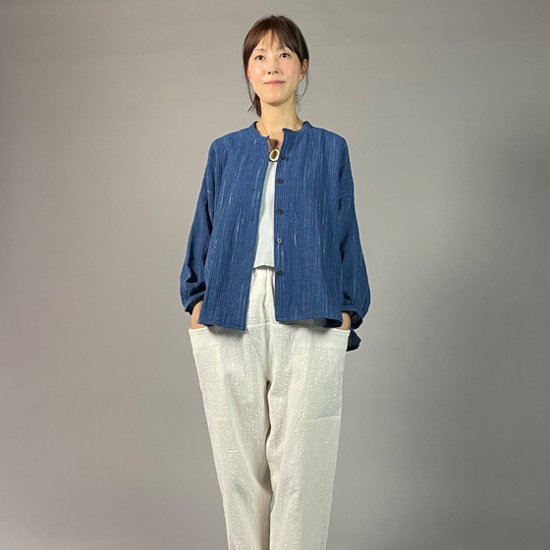 【備後絣】藍染め　前開きバルーン袖ブラウス　文人絣　中紺画像