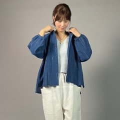 【備後絣】藍染め　前開きバルーン袖ブラウス　文人絣　中紺画像