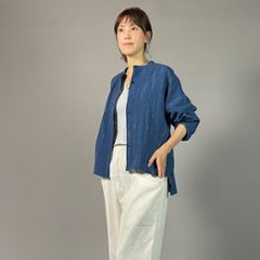 【備後絣】藍染め　前開きバルーン袖ブラウス　文人絣　中紺画像
