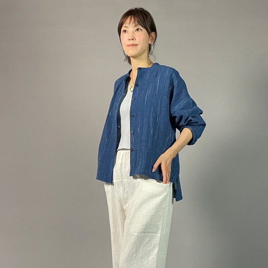 【備後絣】藍染め　前開きバルーン袖ブラウス　文人絣　中紺画像