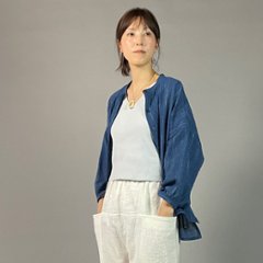 【備後絣】藍染め　前開きバルーン袖ブラウス　文人絣　中紺画像