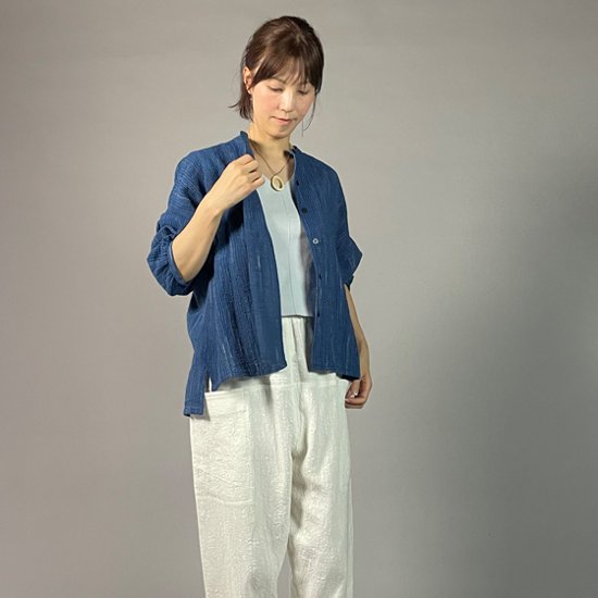 【備後絣】藍染め　前開きバルーン袖ブラウス　文人絣　中紺画像