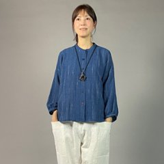 【備後絣】藍染め　前開きバルーン袖ブラウス　文人絣　中紺画像