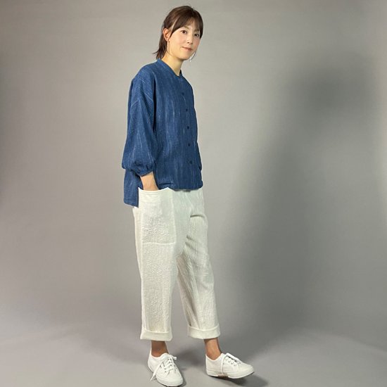 【備後絣】藍染め　前開きバルーン袖ブラウス　文人絣　中紺画像
