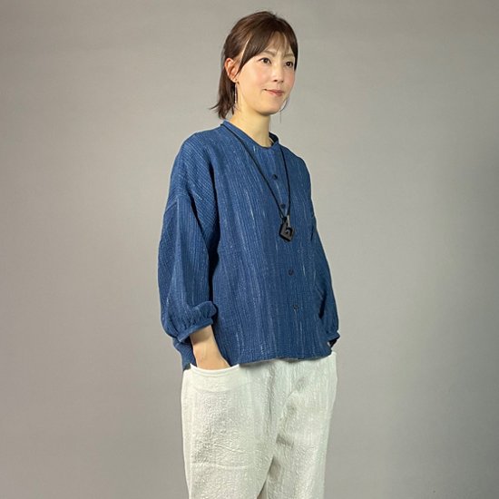 【備後絣】藍染め　前開きバルーン袖ブラウス　文人絣　中紺画像