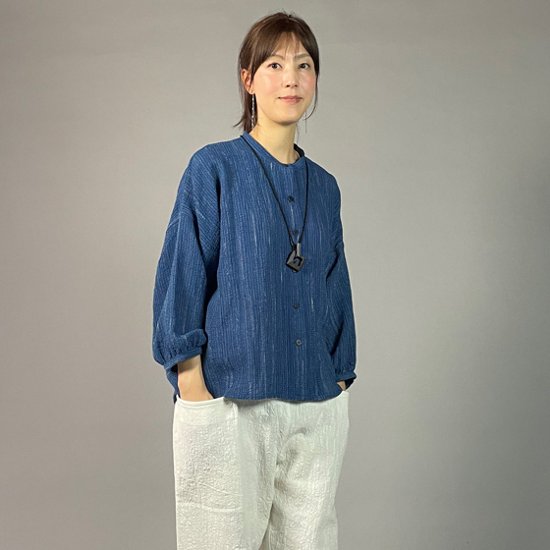 【備後絣】藍染め　前開きバルーン袖ブラウス　文人絣　中紺画像