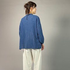 【備後絣】藍染め　前開きバルーン袖ブラウス　文人絣　中紺画像