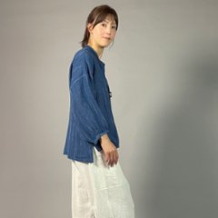 【備後絣】藍染め　前開きバルーン袖ブラウス　文人絣　中紺画像