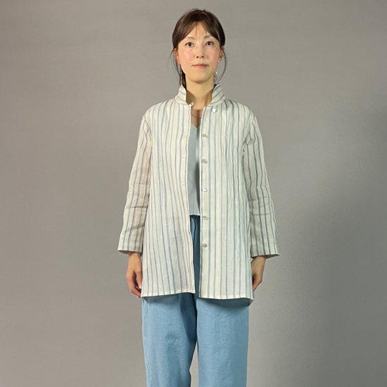 【近江ちぢみ】前開きブラウスチュニック　水色絣（絣）縞画像
