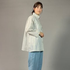 【近江ちぢみ】前開きブラウスチュニック　水色絣（絣）縞画像