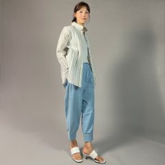 【近江ちぢみ】前開きブラウスチュニック　水色絣（絣）縞画像