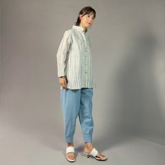 【近江ちぢみ】前開きブラウスチュニック　水色絣（絣）縞画像