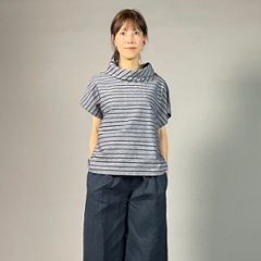【亀田縞】オフタートルフレンチブラウス　綿ちぢみ　グレー地紺ストライプ画像